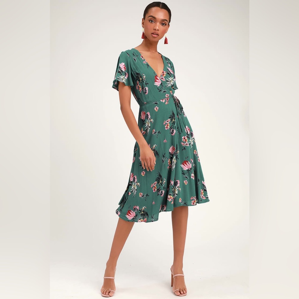 Lulus Jet Set For Sun Teal Green Tropical Print Wrap Midi Dress
